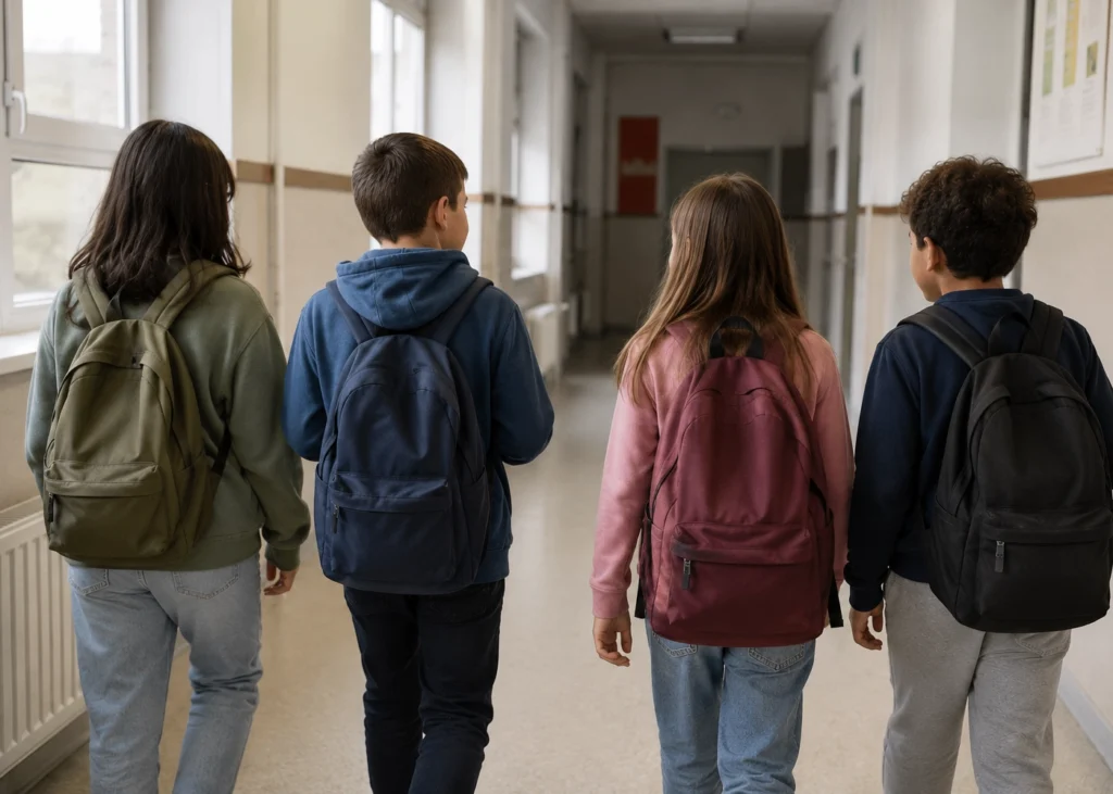 Grupo de escolares con mochilas caminando por el pasillo de un colegio