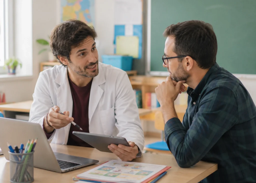 Dos profesionales educativos revisando material en un aula