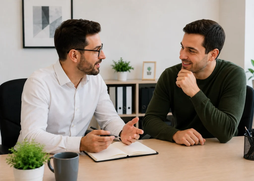 Dos profesionales conversando en una oficina