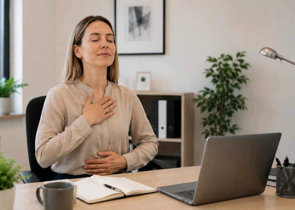 Profesional practicando una técnica de autorregulación emocional en su puesto de trabajo