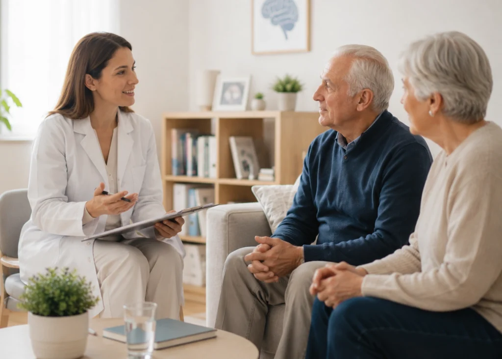 Neuropsicóloga atendiendo a una pareja de personas mayores en consulta