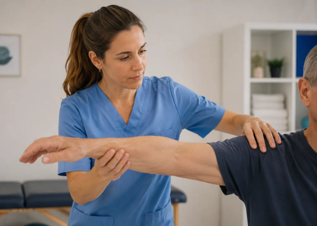 Fisioterapeuta movilizando el brazo de un paciente en rehabilitación