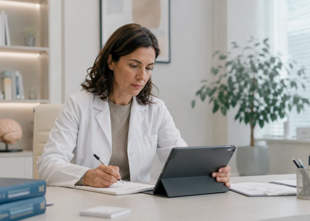 Neuropsicóloga redactando un informe de evaluación con una tableta