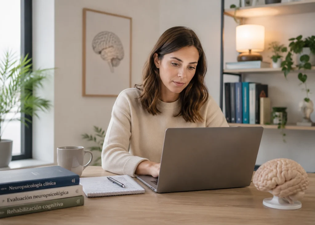 Neuropsicóloga y paciente trabajando con material de evaluación en consulta