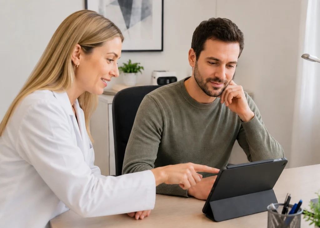 Profesionales usando tecnología digital en una sesión de evaluación neuropsicológica