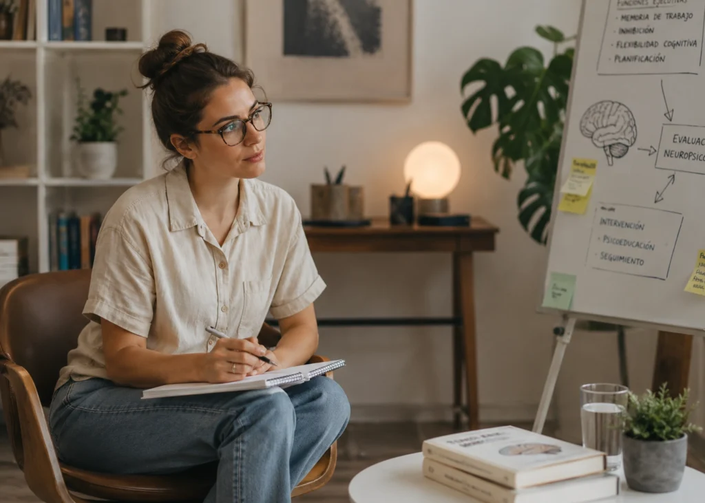 Neuropsicóloga trabajando con documentación científica en su despacho
