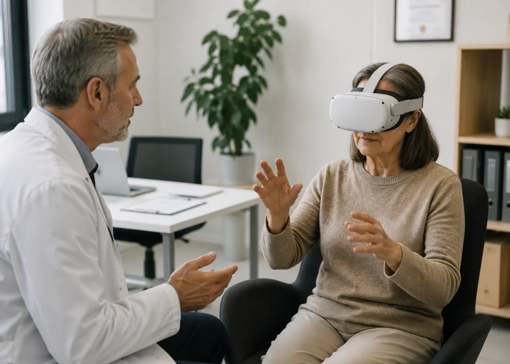 Paciente utilizando gafas de realidad virtual en una sesión de rehabilitación cognitiva