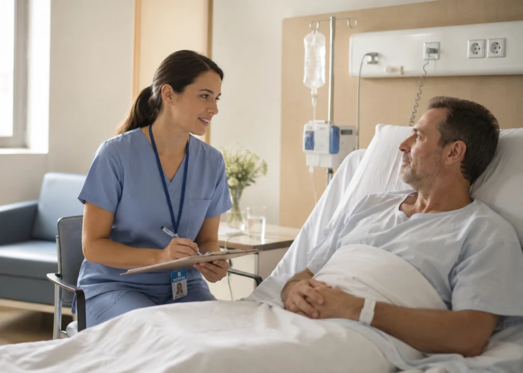 Profesional sanitaria atendiendo a un paciente ingresado en planta hospitalaria