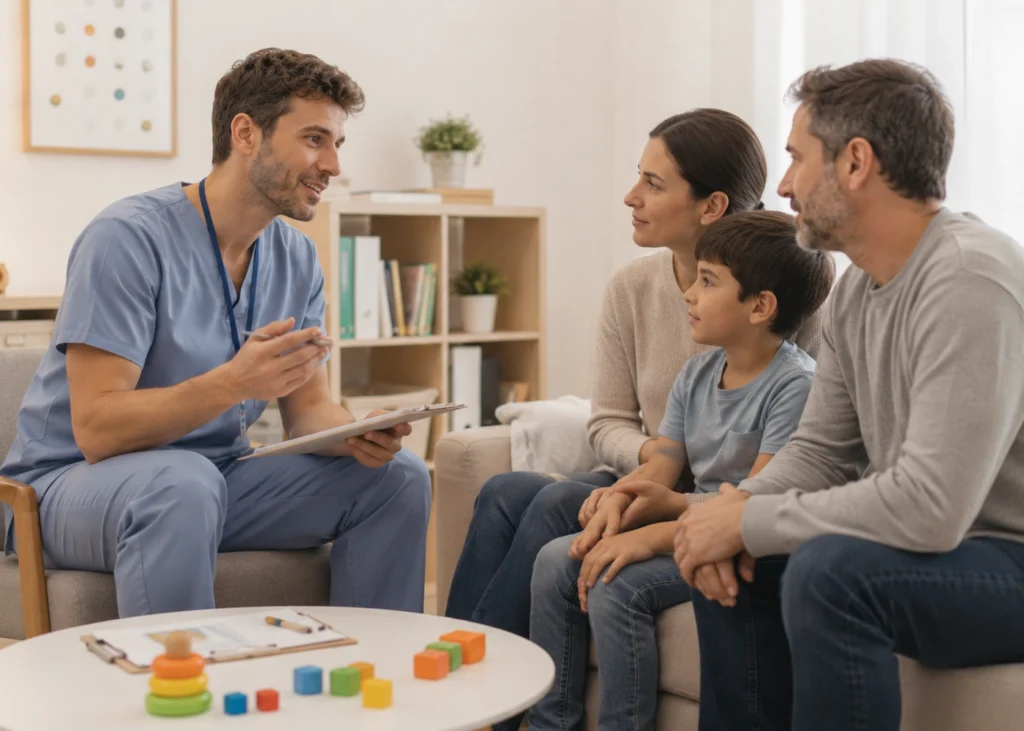 Terapeuta trabajando con un niño y su familia en consulta ambulatoria
