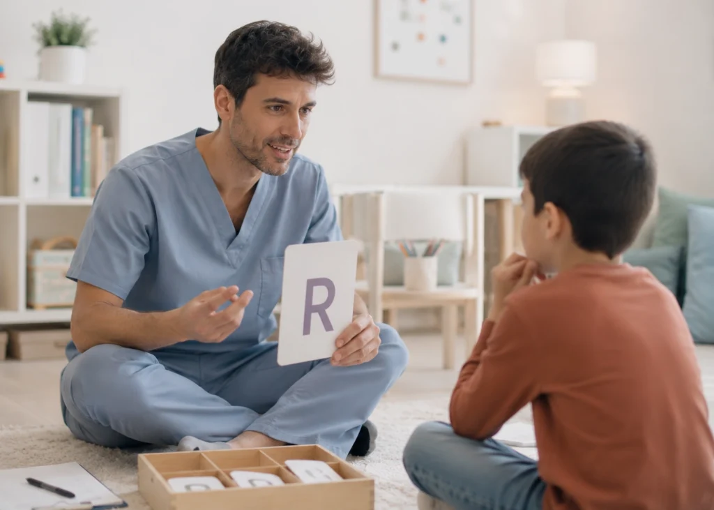 Neuropsicólogo trabajando con tarjetas de estimulación con un niño