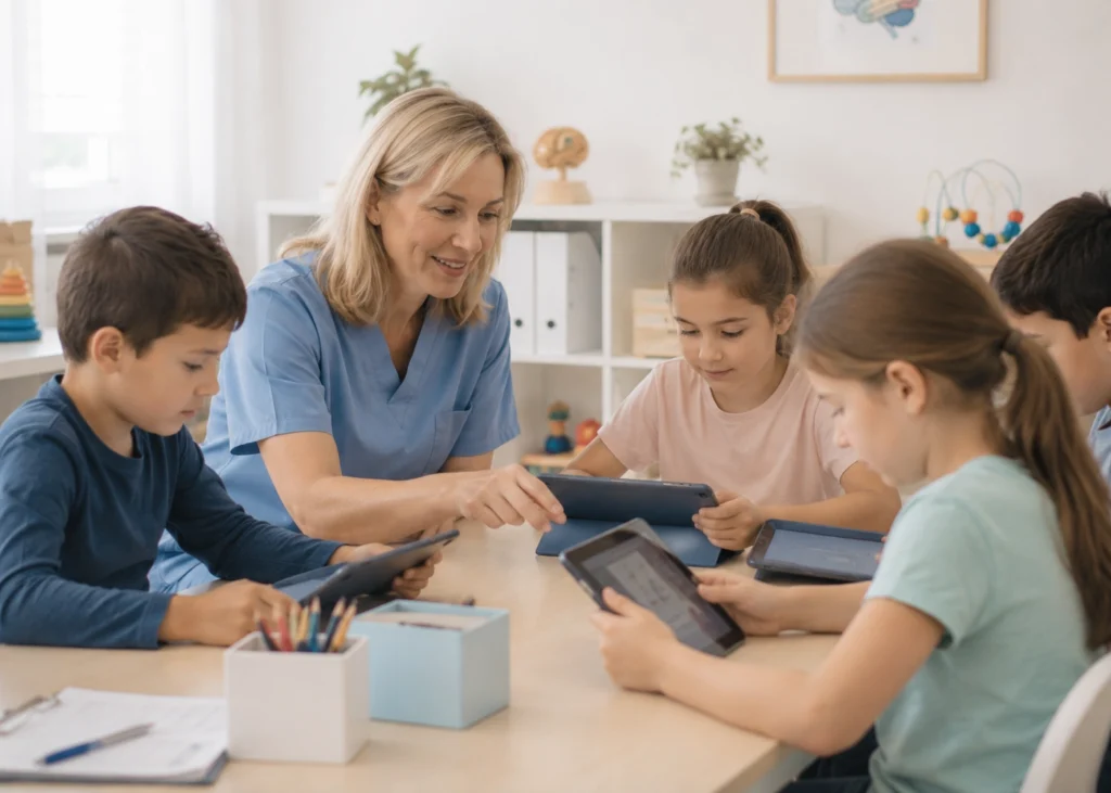 Terapeuta y grupo de niños trabajando con material de estimulación cognitiva
