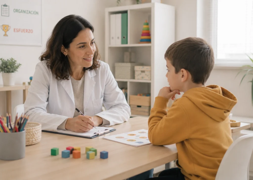 Neuropsicóloga trabajando con un niño en una sesión de evaluación de TDAH