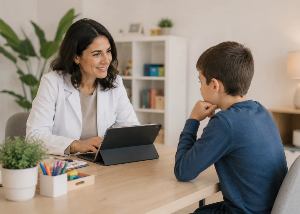 Neuropsicóloga trabajando con una tableta junto a un niño en consulta