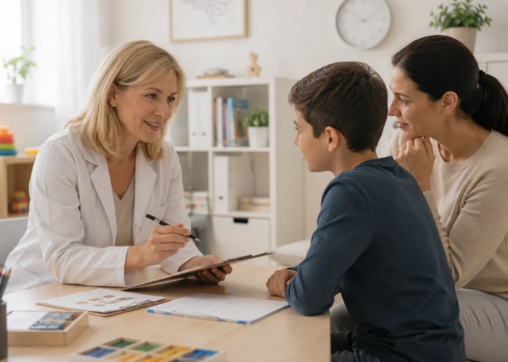 Neuropsicóloga atendiendo a un adolescente acompañado de su madre