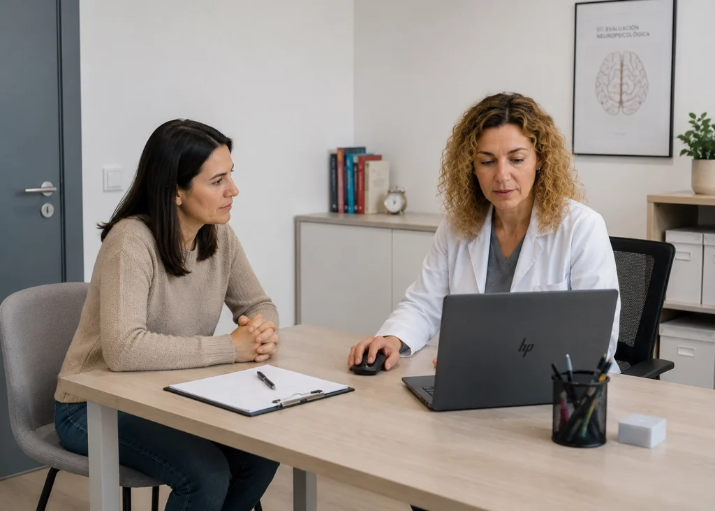 Dos neuropsicólogas revisando resultados de evaluación en el ordenador