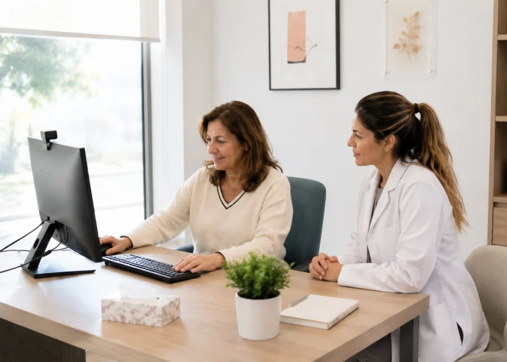 Neuropsicóloga y paciente durante una evaluación en consulta clínica