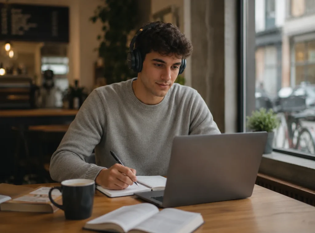 Estudiante siguiendo un curso online de neuropsicología con su portátil