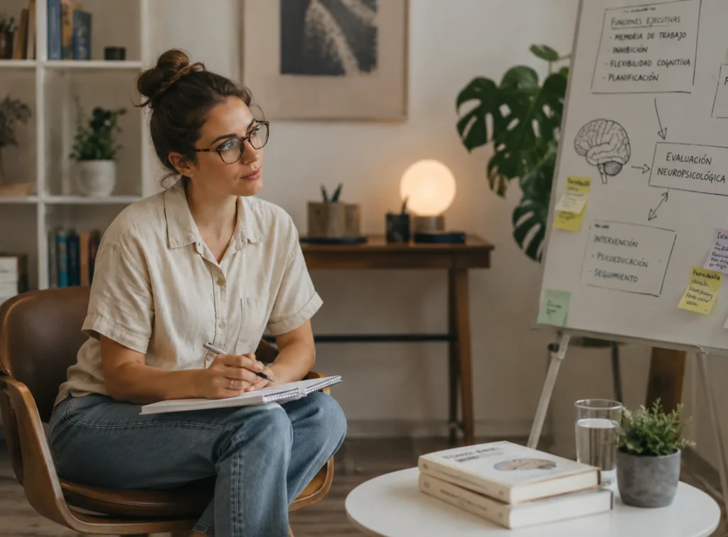 Profesional estudiando neurorrehabilitación desde su despacho