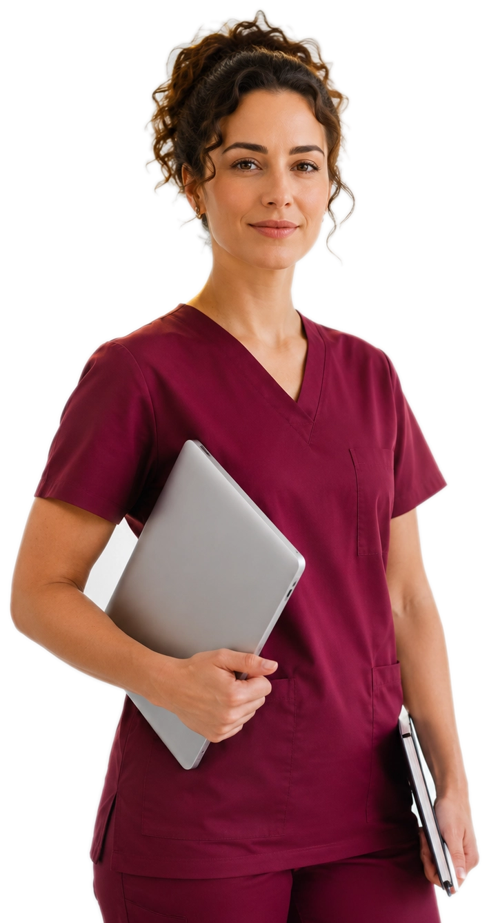 Profesional de neuropsicología con uniforme granate y portátil en la mano