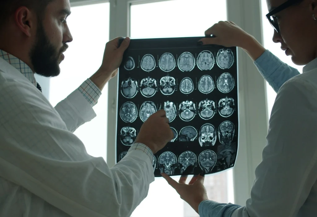 Dos profesionales sanitarios examinan juntos una resonancia magnética cerebral